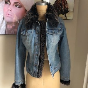 INC faux fur denim jean jacket Large